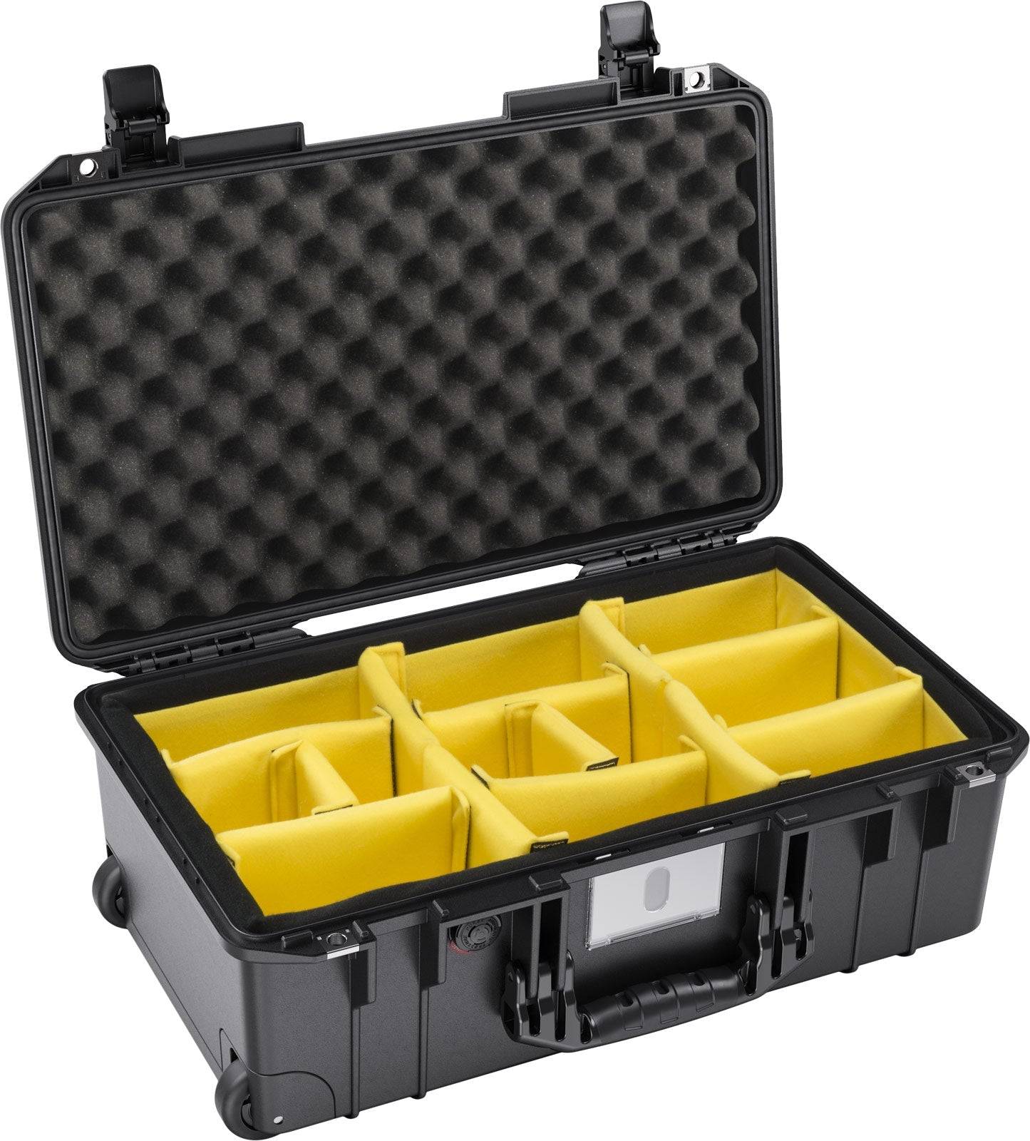 The 1535 Air Case, shown in black with its lid open, features foam padding and yellow adjustable dividers for organized storage; this lightweight protective case keeps your gear secure.