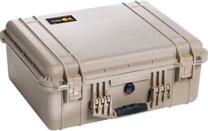 The beige 1550EU Protector Case is made of hard plastic with secure latches, a black handle, and a top-left sticker label—offering crushproof, watertight protection for your valuables.