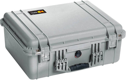 The 1550EU Protector Case is a grey, hard-shell equipment case with reinforced corners, black handle, secure latches, and is crushproof and watertight for maximum durability.