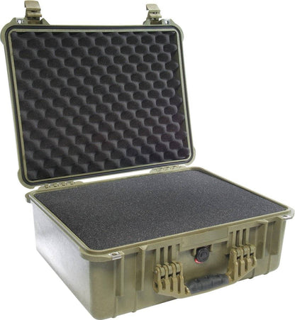 The PELI 1550EU Protector Case features internal foam padding, a textured lid, secure latches, and a transport handle—perfect as a crushproof case for reliable protection.