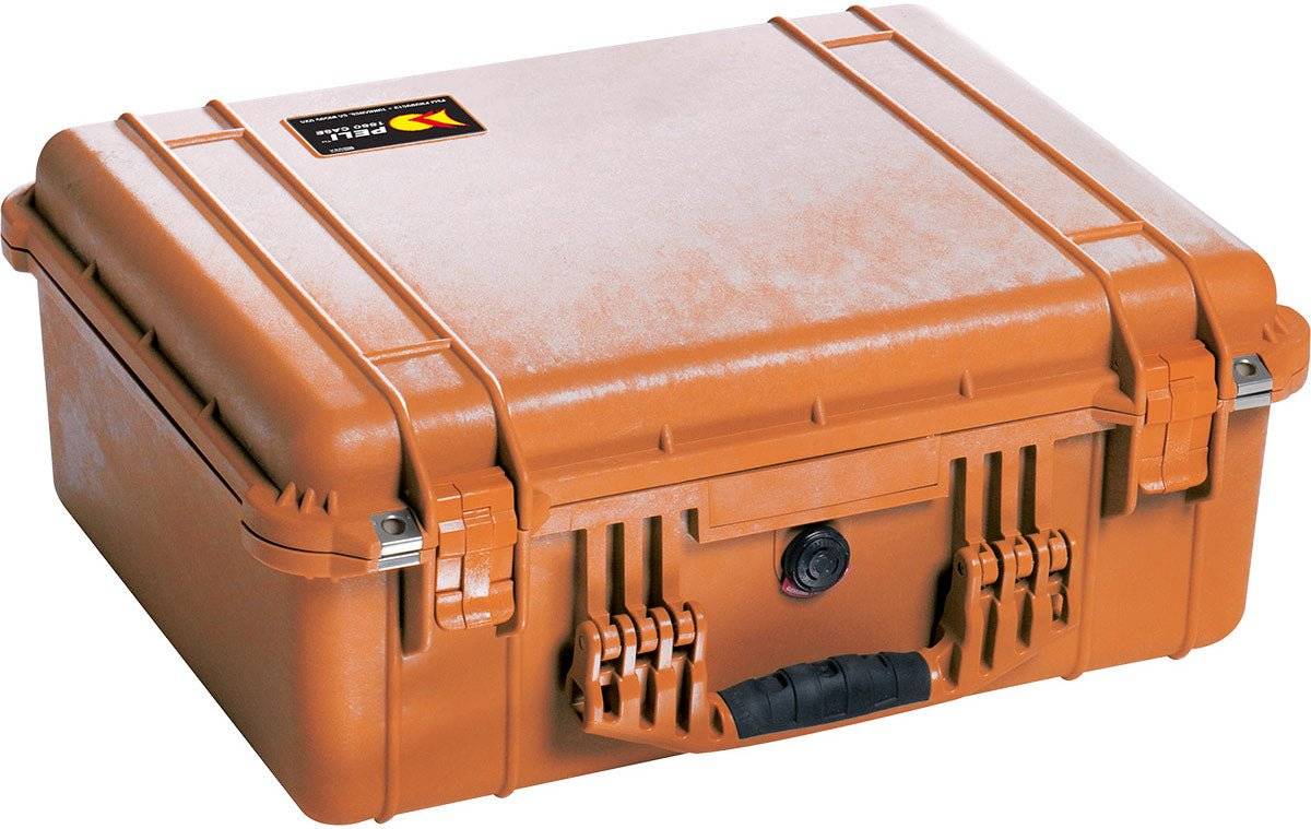 The orange 1550EU Protector Case features a closed hard shell, black latches, a handle, and a top-left label for watertight and crushproof protection of your gear.