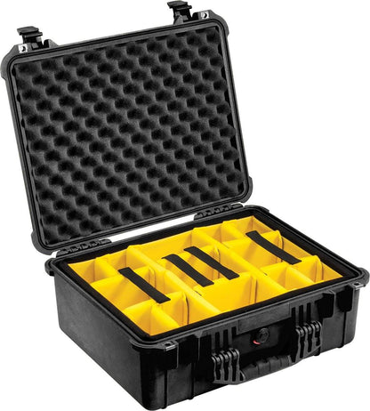 The 1550EU Protector Case is black with an open lid, egg crate foam inside the lid, and yellow dividers in the base for organized, crushproof storage.