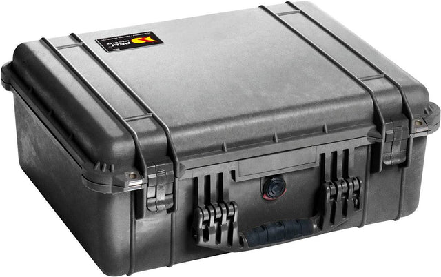 The black 1550EU Protector Case features a closed, hard shell with a handle, secure latches, and a small top-left label; this crushproof case ensures maximum protection for your gear.