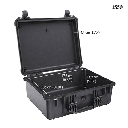 A black 1550EU Protector Case with an open lid displays internal dimensions of 47.3 x 36 x 14.9 cm and a lid depth of 4.4 cm; the model name is shown in the top right of this durable, crushproof case.