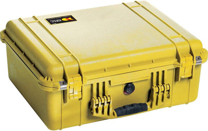 The 1550EU Protector Case is a yellow, crushproof hard plastic case from PELI featuring secure latches, a black handle, and a top left corner label.