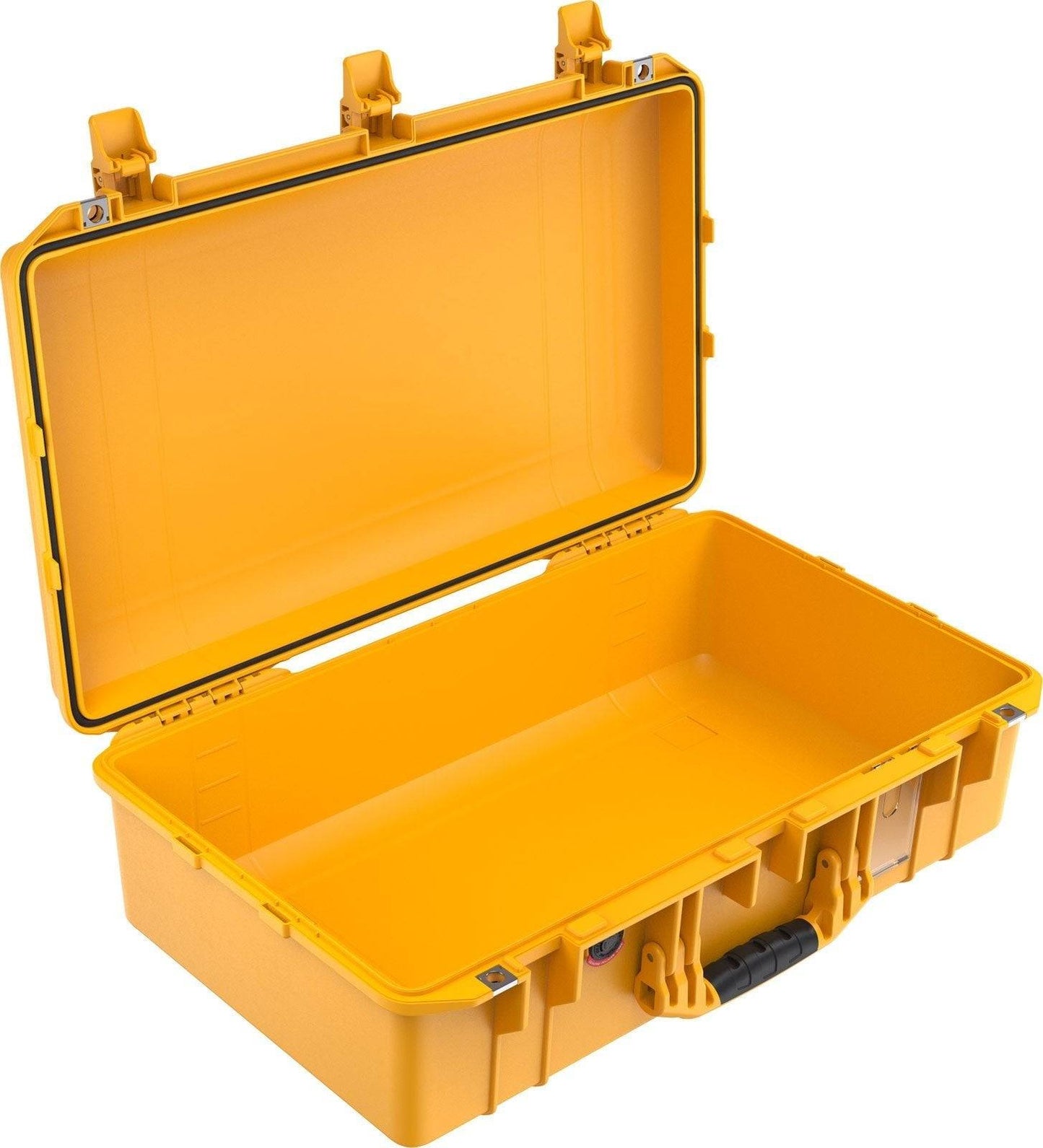 A large, empty, bright yellow 1555 Air Case with an open hinged lid, waterproof design, and a sturdy black handle.