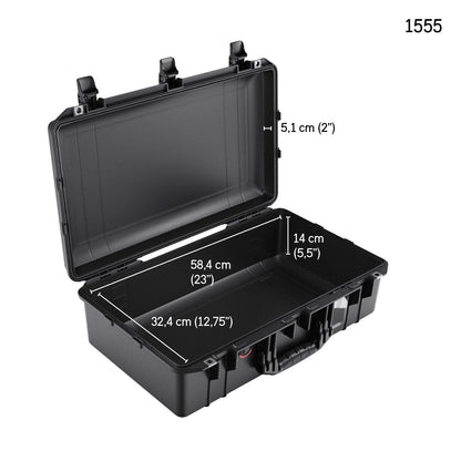 Black 1555 Air Case by PELI shown with lid open, revealing waterproof hard-shell design. Interior measures 58.4 x 32.4 x 14 cm, with 5.1 cm lid depth. Model number 1555 shown in corner—ideal for protective storage.