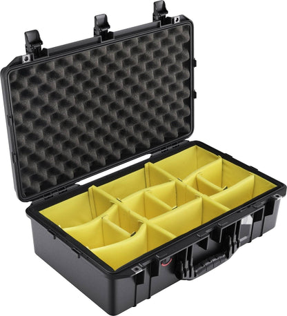 A black 1555 Air Case with its lid open, displaying yellow padded dividers and egg crate foam lining for superior protection inside this waterproof hard-shell carrying case.