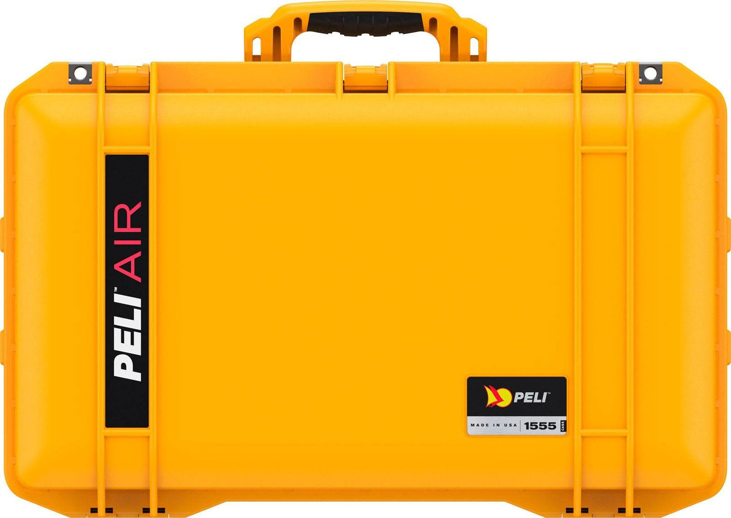A yellow 1555 Air Case with a handle, featuring Peli branding, an Air label on the left, and a 1555 label on the bottom right.