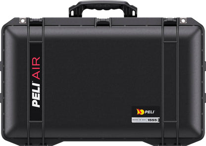 A black 1555 Air Case with a handle, two latches, and “PELI AIR” and “PELI” logos—ideal for those needing a premium, waterproof protective case.