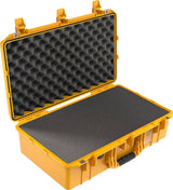 The 1555 Air Case is a yellow hard shell waterproof case with black foam-lined interior, featuring egg crate foam in the lid and flat foam in the base—perfect for those needing a durable, protective case.