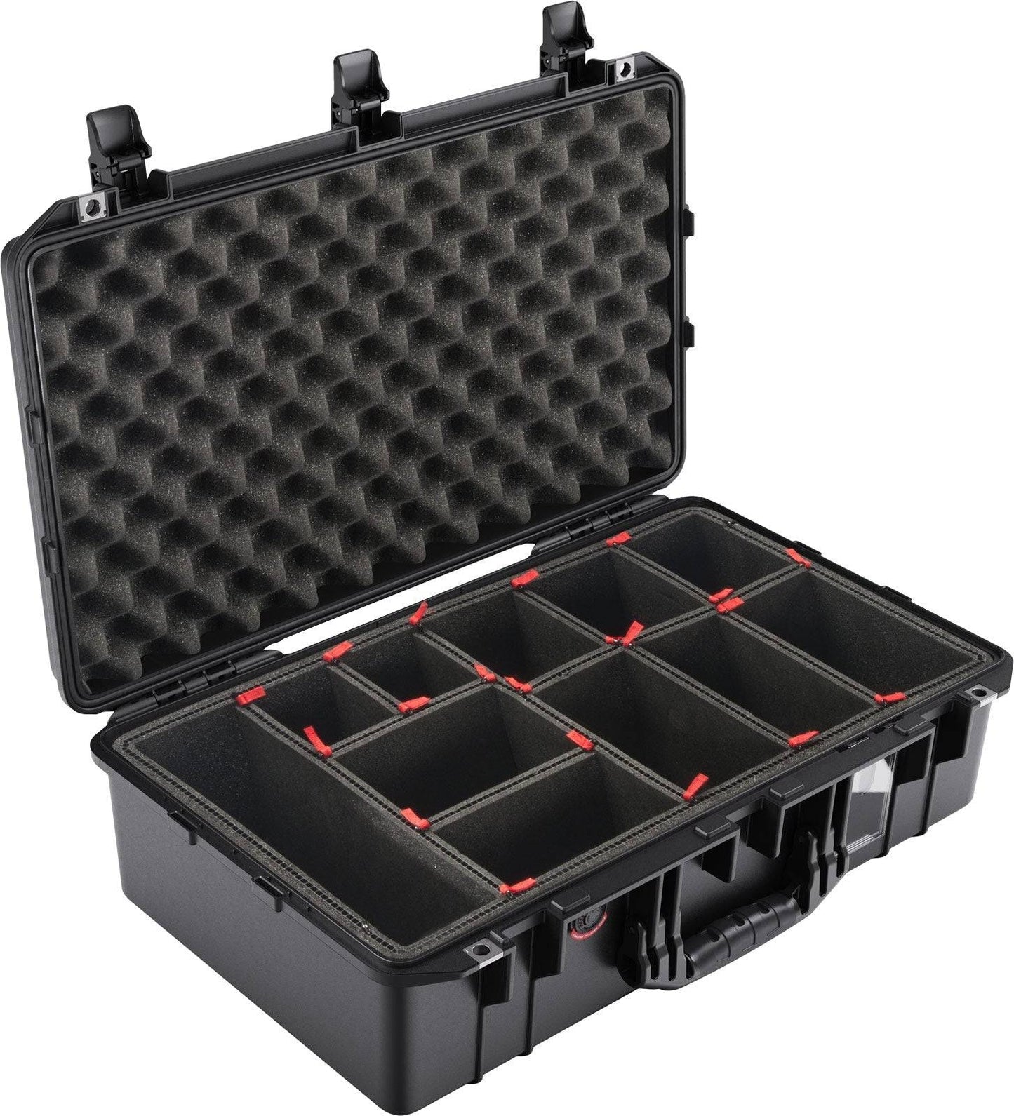 The 1555 Air Case is a hard plastic PELI carrying case with a foam-lined lid and adjustable padded compartments. It is open, displaying its dividers and interior storage sections, offering premium waterproof protection.