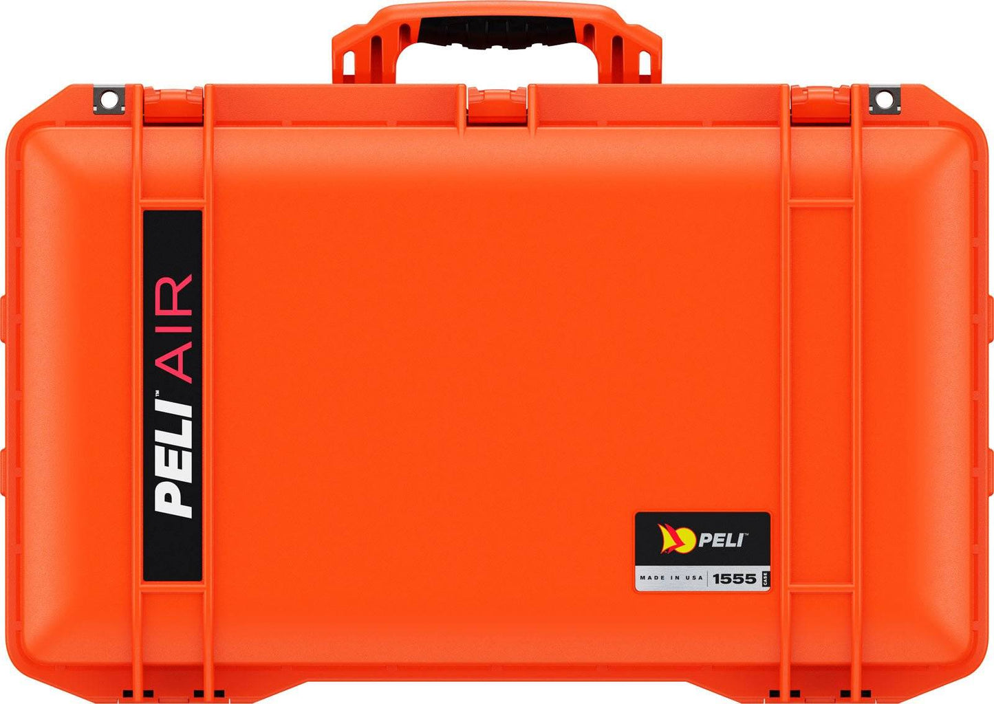 The bright orange 1555 Air Case is a hard-shell PELI AIR model with black handles and latches, plus PELI AIR branding. Waterproof and durable, it’s perfect for protecting your gear.