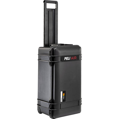 The 1556 Air Case, a black PELI Air Long/Deep Series hard-shell case with a retractable handle and wheels, stands upright against a white background, showcasing its durability and suitability as an airline carry-on.