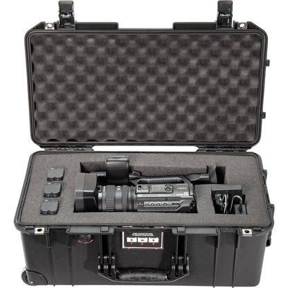 A black 1556 Air Case securely holds a video camera; it’s a waterproof protective case from the PELI Air Long/Deep Series.