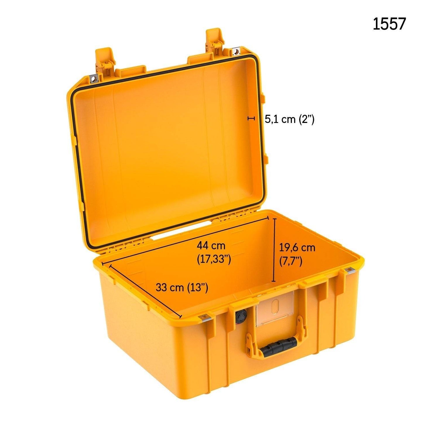 Open PELI 1557 Air Case, yellow, dimensions 44×33×19.6 cm (17.33×13×7.7”), lid depth 5.1 cm (2”). This waterproof, lightweight polymer case offers durable protection.