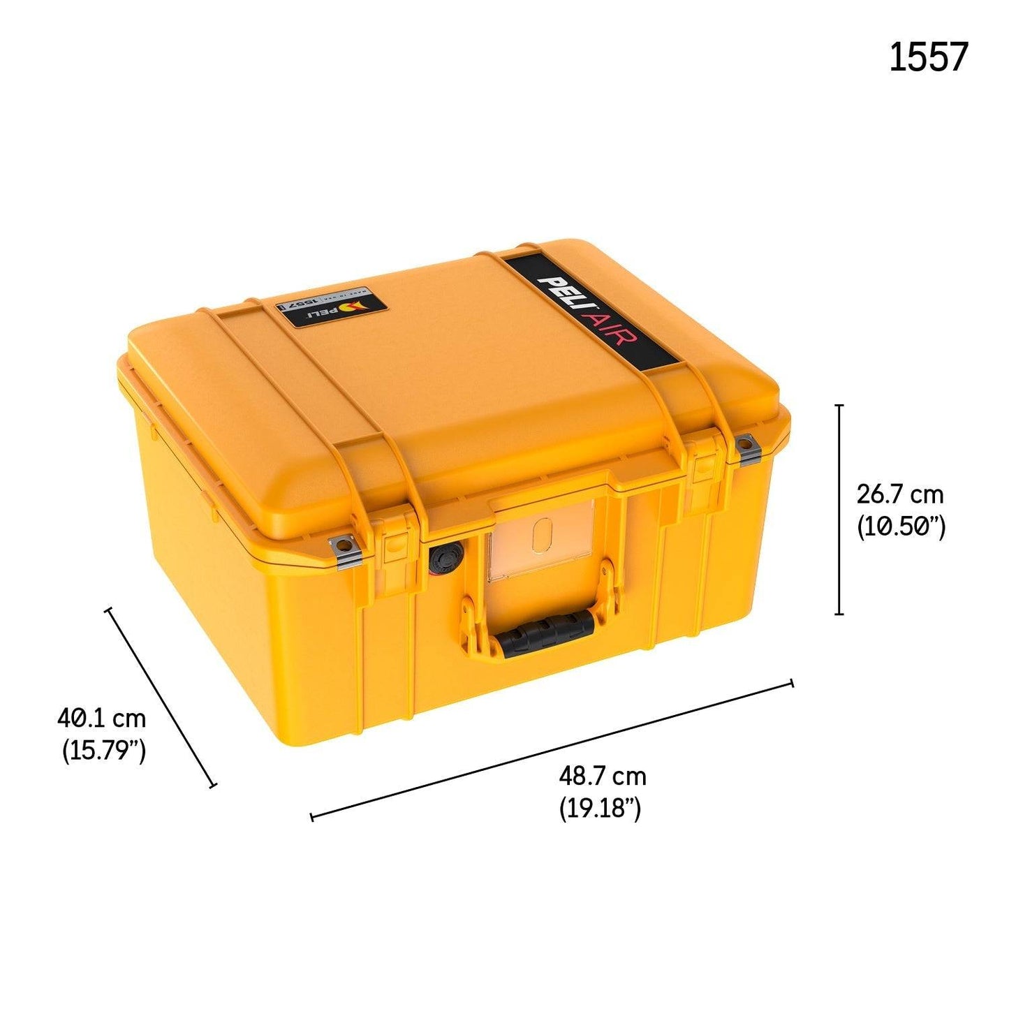 The 1557 Air Case is a yellow, lightweight polymer protective case with handle and latches, measuring 40.1 x 48.7 x 26.7 cm, and is waterproof.