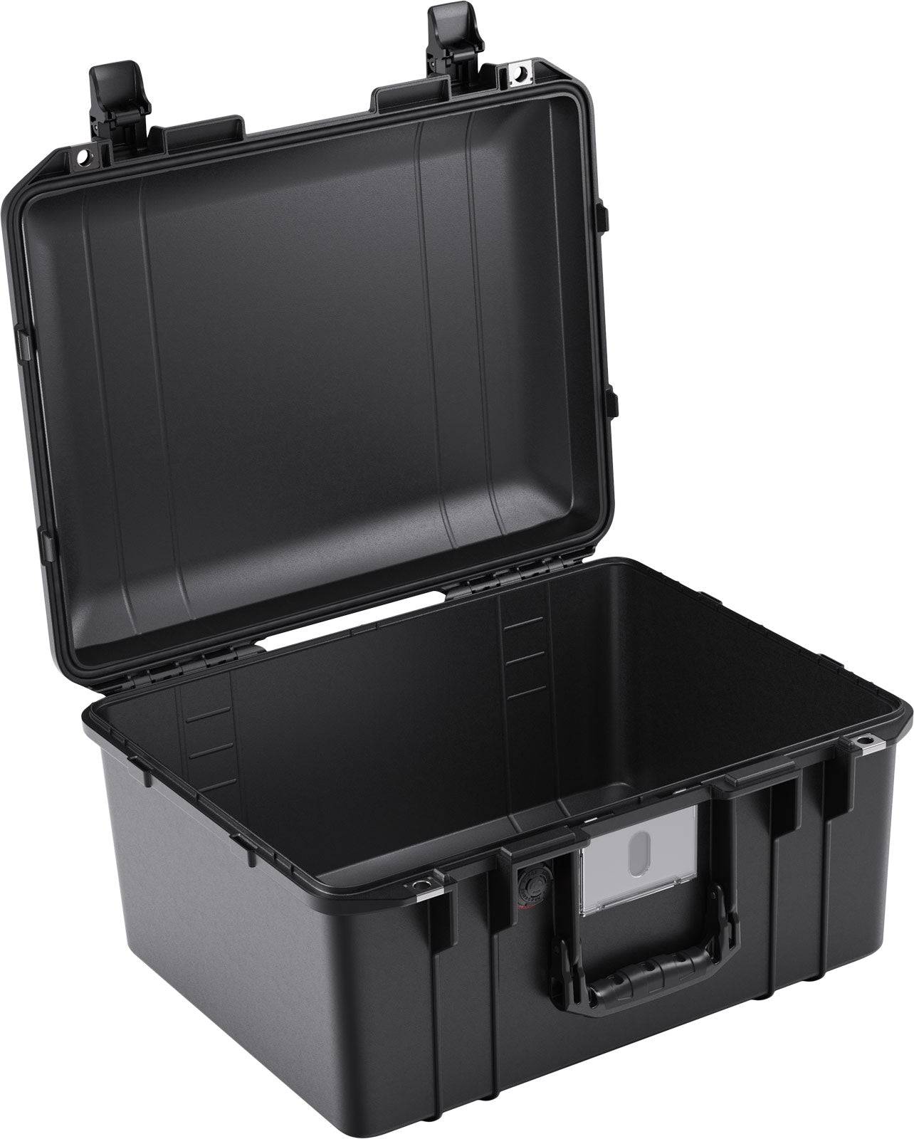 The 1557 Air Case is a black, lightweight polymer case with a hinged lid, carrying handle, secure clasps, and a foam-lined interior. This waterproof protective case keeps your valuables safe and dry.