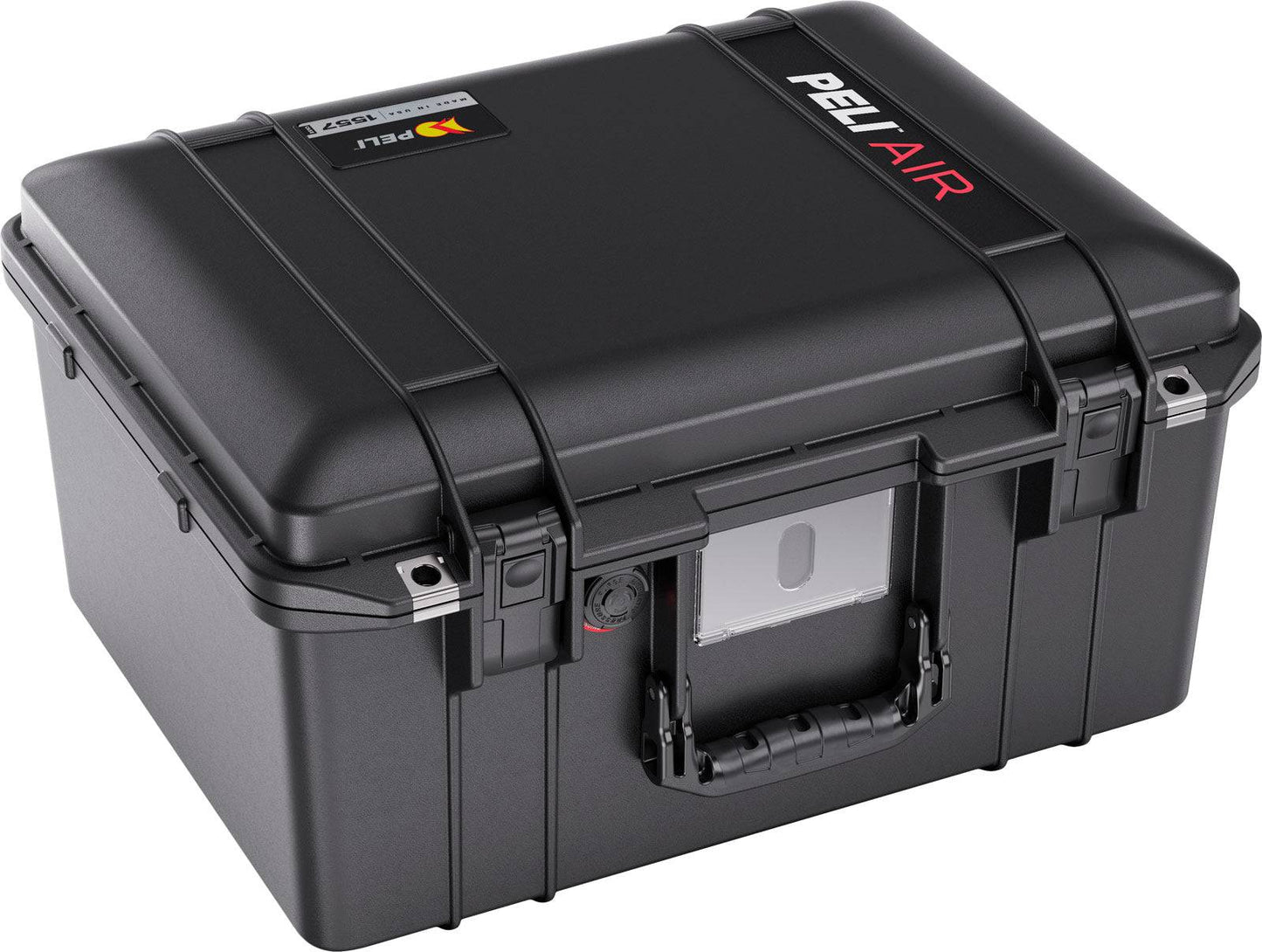 A black 1557 Air Case, made of lightweight polymer, featuring a handle, secure latches, and a front label slot; shown closed and angled.