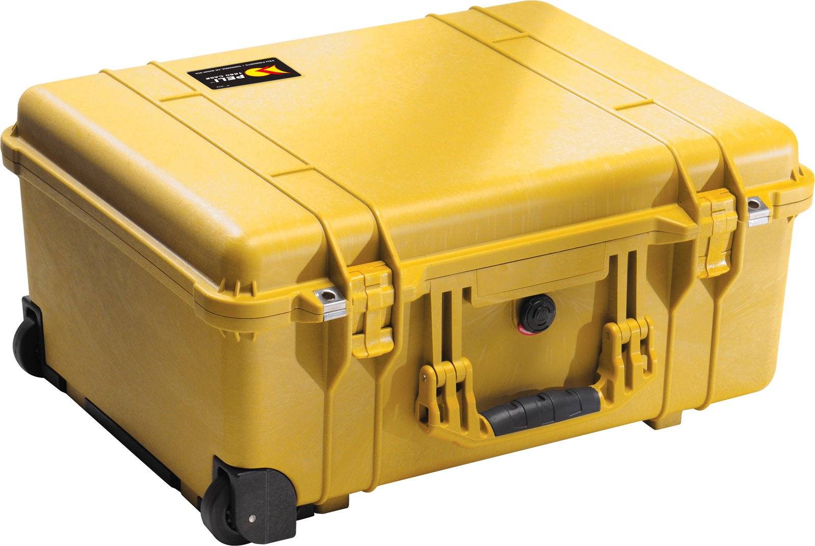 The yellow 1560 Protector Case features black wheels, a handle, two front latches, and a small top-left logo. This crushproof case keeps your gear safe in any environment.