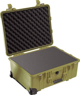The 1560 Protector Case is shown open and empty, featuring foam padding, wheels, and latches for secure, crushproof transport.
