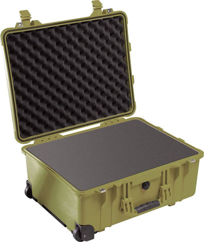 The 1560 Protector Case is shown open and empty, featuring foam padding, wheels, and latches for secure, crushproof transport.