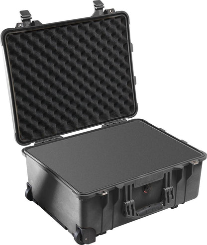 The 1560 Protector Case is a black, crushproof PELI case with foam padding and an open lid, designed for protective storage and easy transport.