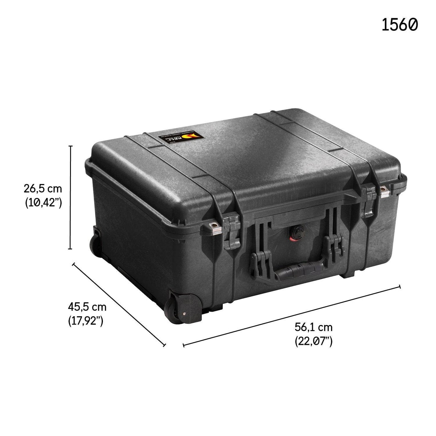 The 1560 Protector Case in black features a hard shell, latch closures, and wheels. It's crushproof and watertight, measuring 26.5 cm high, 45.5 cm deep, and 56.1 cm wide. Shown in the top right corner.