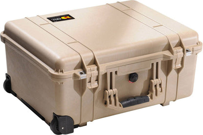 A tan 1560 Protector Case with black hinges, latches, handle, and wheels is shown closed on a white background. This crushproof case keeps your gear safe and secure.