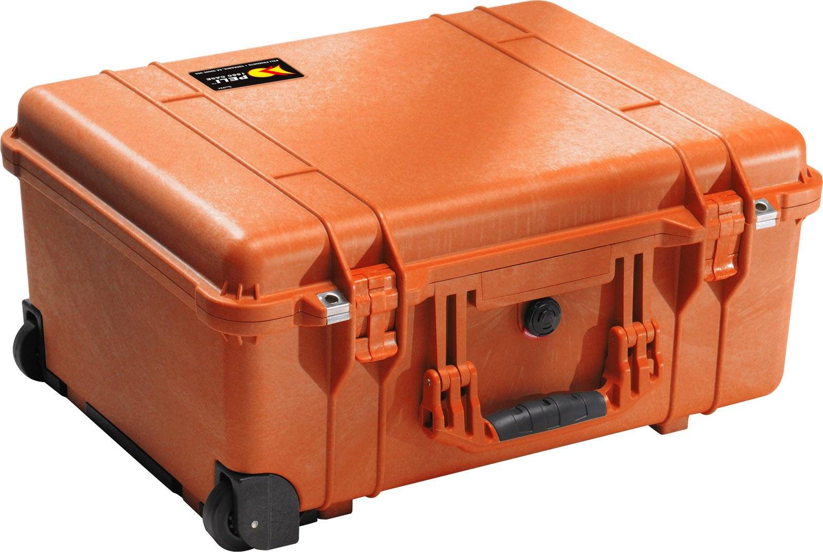 A large orange 1560 Protector Case with a hard shell, handle, latches, and wheels sits on a white background, providing watertight and crushproof protection for your gear.