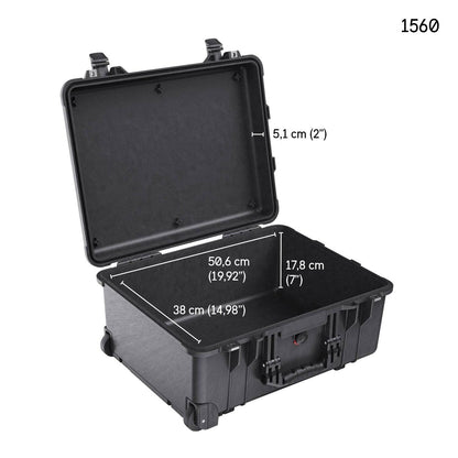 Open black 1560 Protector Case with inner dimensions 50.6 x 38 x 17.8 cm (19.92 x 14.98 x 7 in) and overall height of 5.1 cm (2 in). This watertight case is shown labeled with its dimensions.