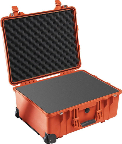 The open orange 1560 Protector Case features foam padding and wheels, providing robust, watertight protection for your valuables.