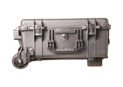 The PELI 1560M Protector Mobility Case is a black, hard-shell waterproof case with a handle, latch closures, and built-in wheels, shown on a white background.