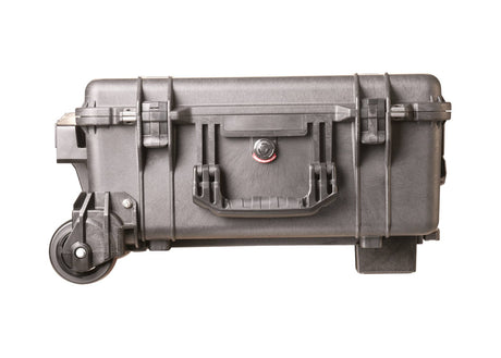 The PELI 1560M Protector Mobility Case is a black, hard-shell waterproof case with a handle, latch closures, and built-in wheels, shown on a white background.