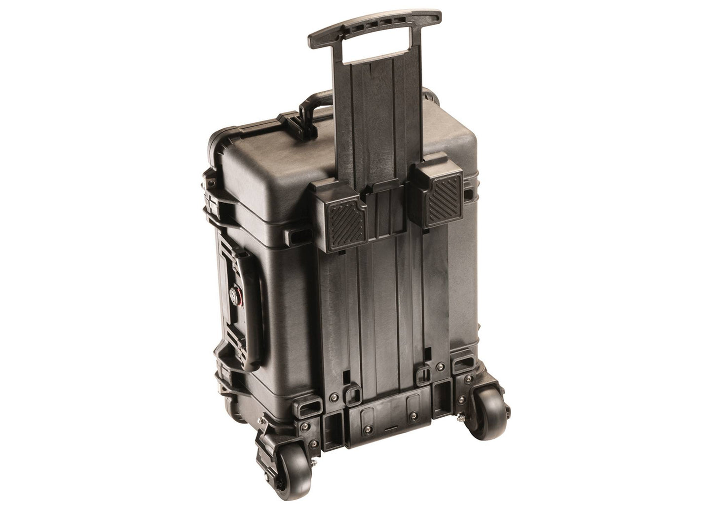 The black 1560M Protector Mobility Case, shown with an extended telescopic handle and rugged wheels against a white background, offers crushproof equipment protection for reliable mobility.