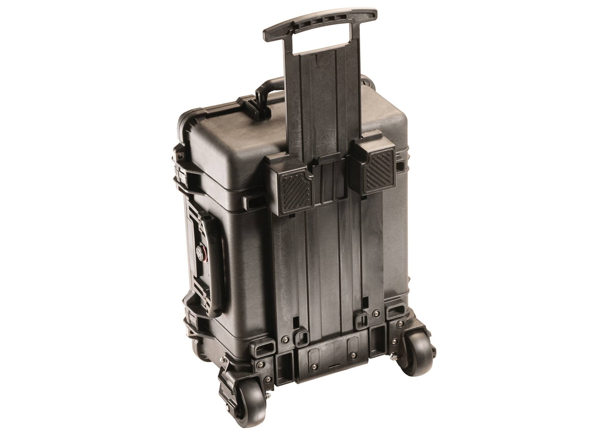 The black 1560M Protector Mobility Case, shown with an extended telescopic handle and rugged wheels against a white background, offers crushproof equipment protection for reliable mobility.