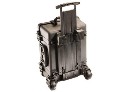 The black 1560M Protector Mobility Case, shown with an extended telescopic handle and rugged wheels against a white background, offers crushproof equipment protection for reliable mobility.