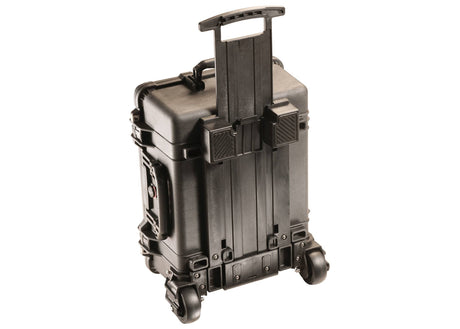 The black 1560M Protector Mobility Case, shown with an extended telescopic handle and rugged wheels against a white background, offers crushproof equipment protection for reliable mobility.