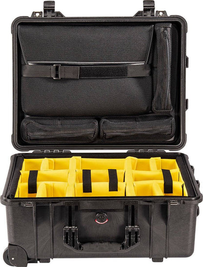 The 1560SC Protector Studio Case is a black hard-shell, crushproof case with yellow padded dividers and mesh pockets, shown open and empty, designed for organized gear storage and protection.