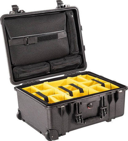 The 1560SC Protector Studio Case is a black, hard-shell, crushproof case with an open lid, featuring yellow padded dividers and mesh pockets for organized storage and equipment protection.