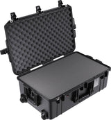 The 1595 Air Case is a large black hard-shell waterproof case with foam padding, secure latches, and a handle. Shown open and empty, it’s ideal for airline check-in.