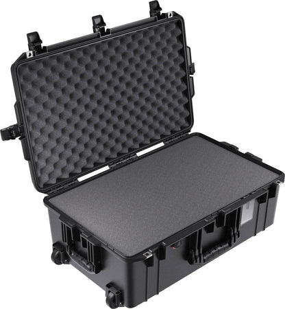 The 1595 Air Case is a large black hard-shell waterproof case with foam padding, secure latches, and a handle. Shown open and empty, it’s ideal for airline check-in.