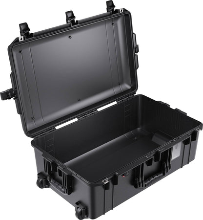The 1595 Air Case is a large, black, hard-shell waterproof case with wheels, handles, and secure latches. Shown open with an empty interior, it's perfect for airline check-in and safe transport of your gear.