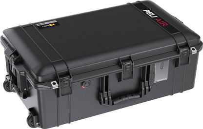 The 1595 Air Case is a black, lightweight Pelican travel case with wheels, handle, and latches, designed for durable equipment protection and transport.