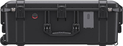 The 1595 Air Case is a black hard-shell waterproof case with latches, wheels, carrying handle, and a clear label holder—perfect for airline check-in.