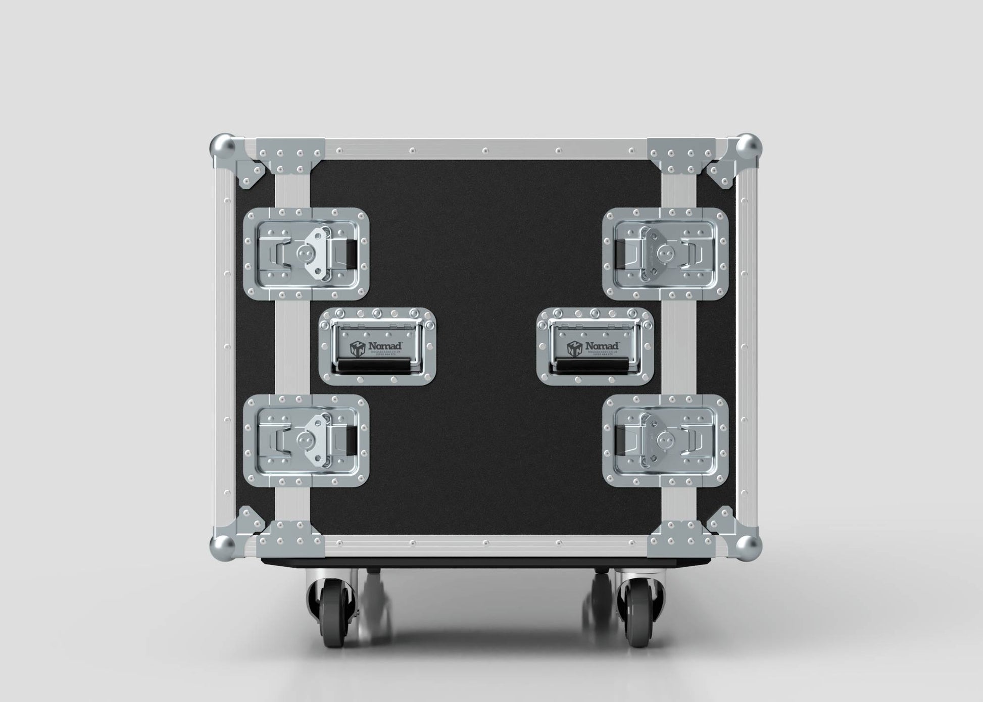 A 15U Double Bay Rack Case in black with metal corners, four latches, two handles, and caster wheels is positioned against a plain light gray background.