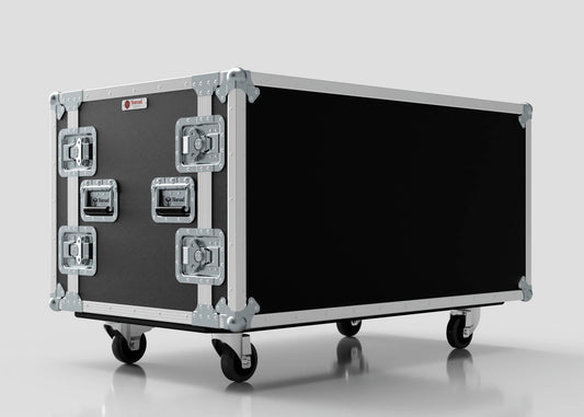 A 15U Double Bay Rack Case, black and rectangular with metal-reinforced edges, handles, latches, and four caster wheels, sits against a plain background.
