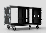 The 15U Double Bay Rack Case is a spacious black equipment rack on wheels, featuring metal handles and reinforced edges, shown empty against a plain background.