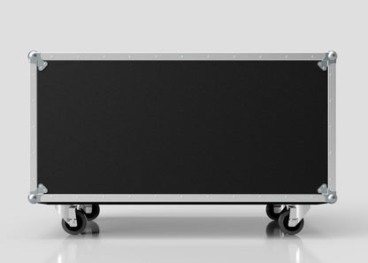 The 15U Double Bay Rack Case is a large black rectangular case with metal edges and corners, mounted on four caster wheels, displayed against a plain light background.