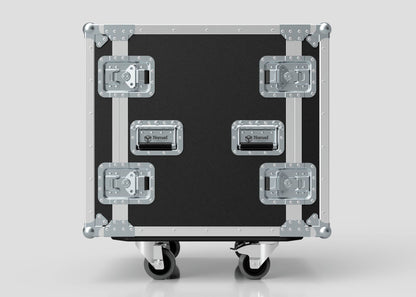 The 15U Foam Shock Mounted 19" Rack Case features a black and silver design with four metal latches, two handles, reinforced corners, caster wheels, and built-in rack strips, displayed against a plain light background.